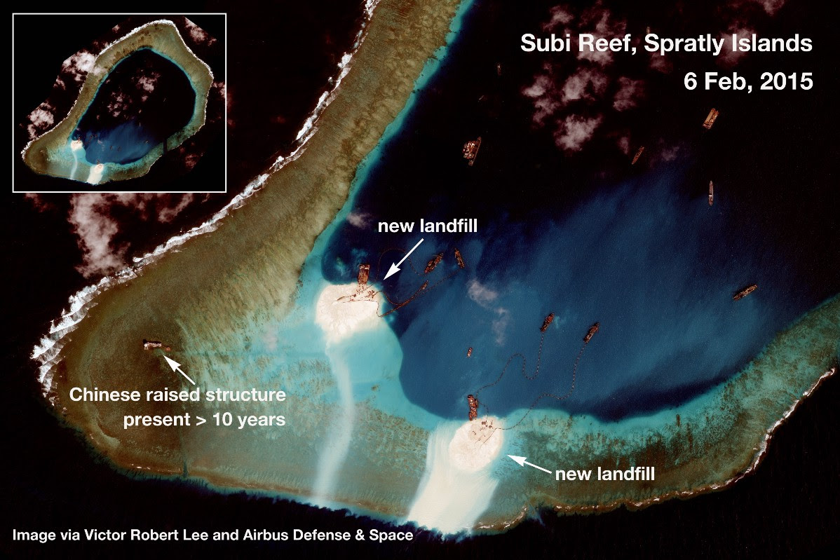 Satellite image analysis South China Sea reclamation in Spratly Islands