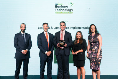 (From left to right) Omar Al Gharabally, President & Chief Placement Officer, Damian Grice, Chief Operating Officer, Jeff Evans (center), Managing Director, Sarah Hillman, General Counsel, and Alison Fairweather, Head of Compliance, accepting the "Best Risk & Compliance Implementation" award at the MEA Finance Banking Technology Awards.