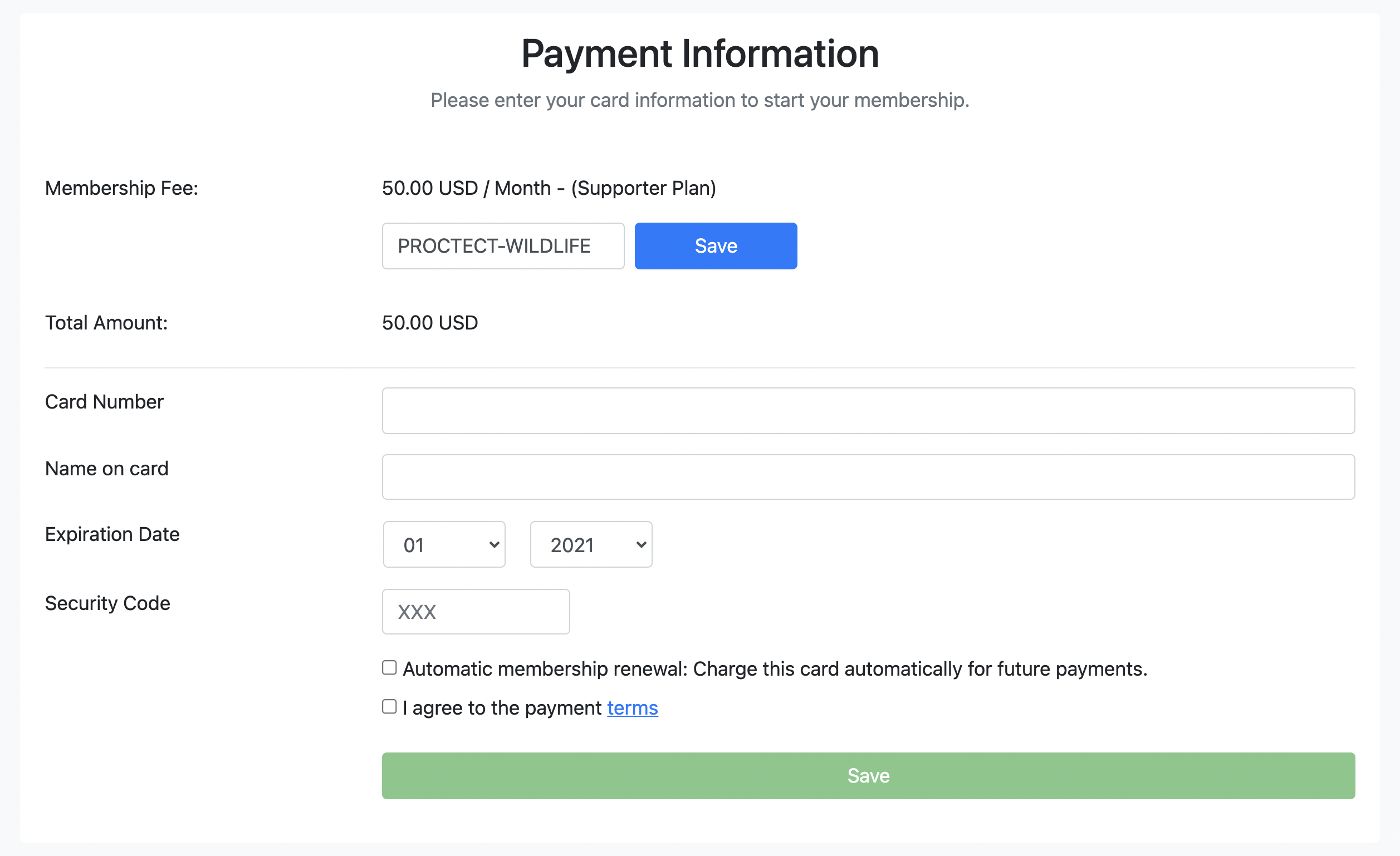 Payment Information screen