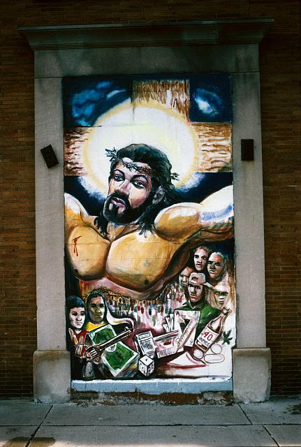 Christ as a body builder; mural by Curtis Lewis, Gratiot, Detroit, 1995