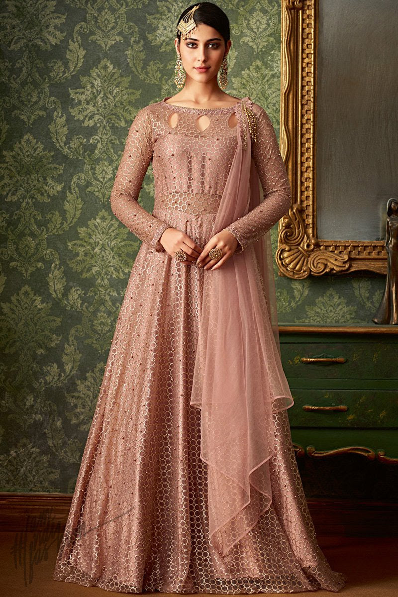 Rose Gold Silk and Net Party Wear Lehenga Style Suit with Tube Top