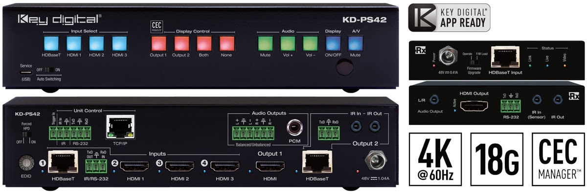 KD-PS42 Presentation Switcher and KD-X40MRx Kit picture. Front and back of units.