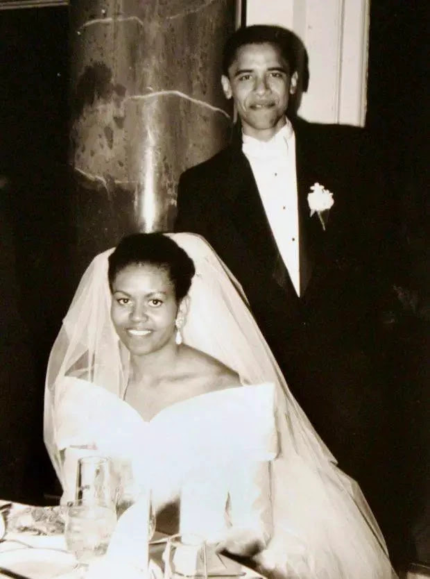 Barack Obama and his bride Michelle Robinson on their wedding day in 1992, in Chicago. Photograph: AP
