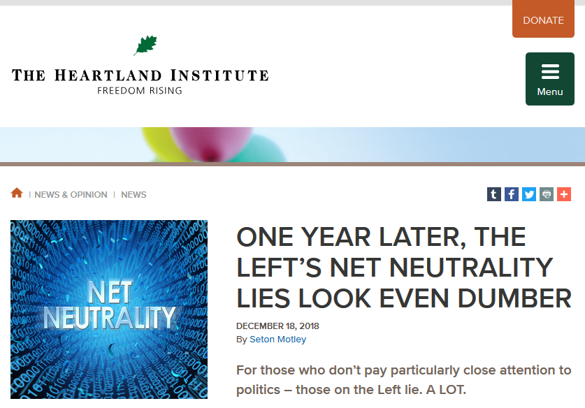 Heartland Institute: One Year Later, The Left’s Net Neutrality Lies Look Even Dumber