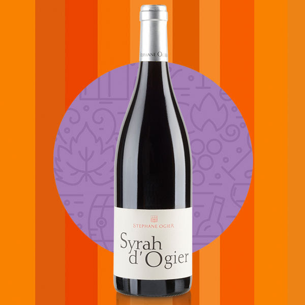 Bottle of Syrah d'Ogier against a stylized background.