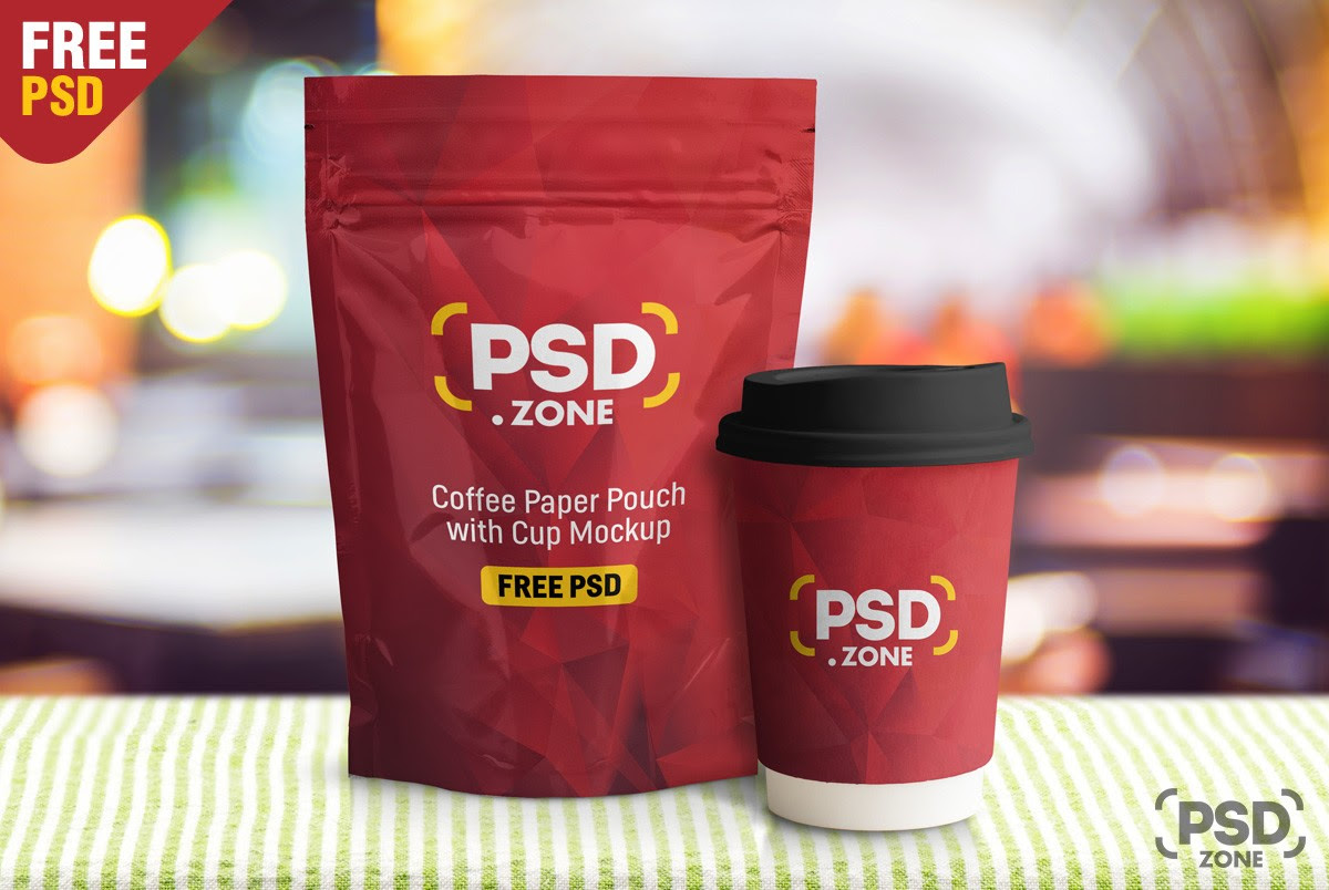 Coffee Pouch with Cup Mockup PSD Download PSD