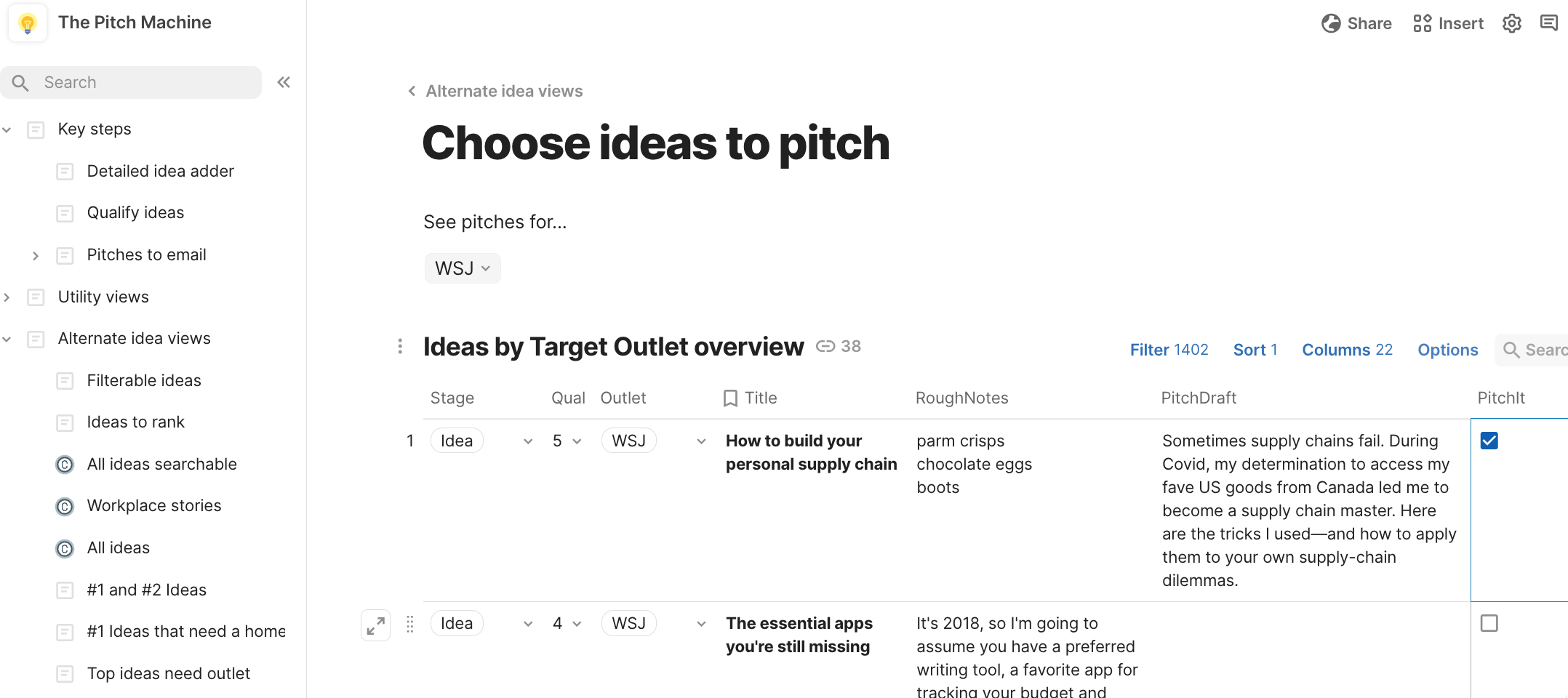 Screenshot of "Choose ideas to pitch" shows row for WSJ story idea with checkbox for when it's ready to pitch.