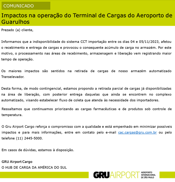 comunicado impactos na Operação do Terminal de Car