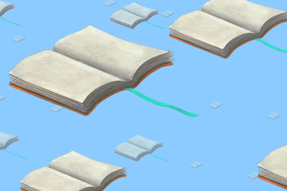 An illustration of open books flying like birds.