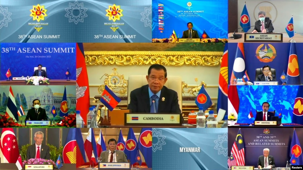 FILE - Cambodia's Prime Minister Hun Sen speaks during the virtual ASEAN Summit, hosted by ASEAN Summit Brunei, in Bandar Seri Begawan, Brunei October 26, 2021. (ASEAN SUMMIT 2021 HOST PHOTO/Handout via REUTERS)