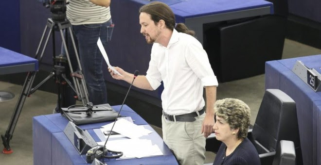 Pablo Iglesias, hasta hoy eurodiputado, en una de sus intervenciones en una sesión plenaria del Parlamento Europeo. EFE