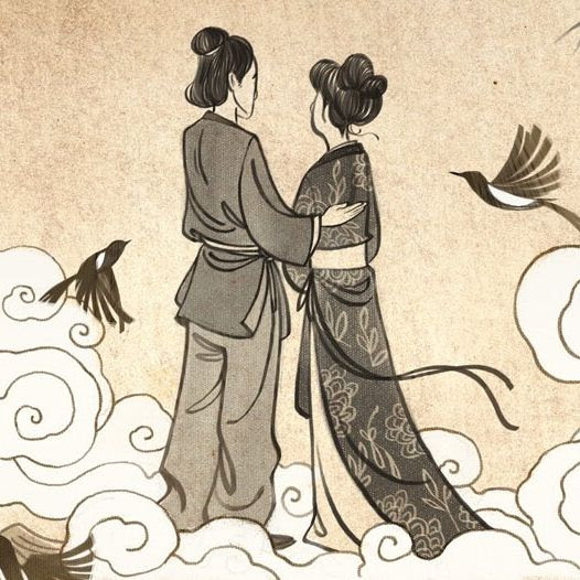 Ilustraciones tradicional de pareja de amantes chinos con hurracas