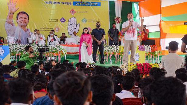  Congress President Rahul Gandhi addresses students during an interactive session at Lahowal college, in Dibrugarh, Friday, March 19, 2021. 