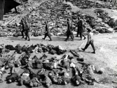 &amp;quot;American&amp;quot; soldiers with round                         &amp;quot;American&amp;quot; helmets and with rows of                         German bodies in a Rhine meadow camp