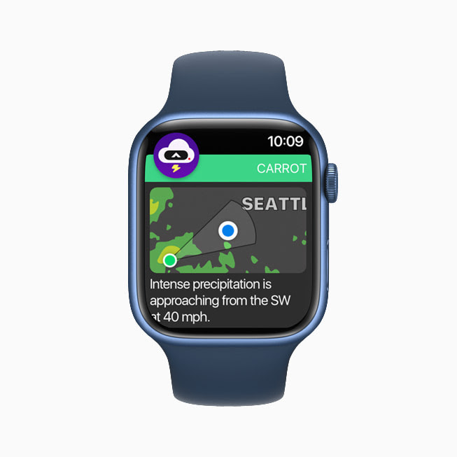 Una alerta de la aplicación Carrot Weather en el Apple Watch, desarrollada por Grailr.