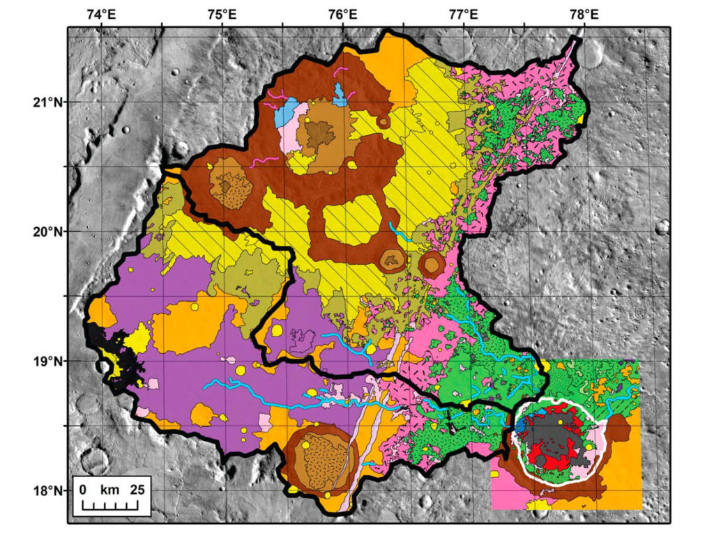 A geologic map of Jezero crater, its watershed, and the surrounding area. The crater basin itself appears at the bottom righthand corner of the image, and is outlined in white. The thick black lines outline the two adjacent watersheds, from which water would have flowed into the impact crater.