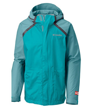 Close-up of a turquoise kids' OutDry Hybrid Jacket. 