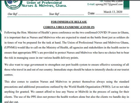 Statement from Union of Professional Nurses and Midwives, Ghana (UPNMG) 