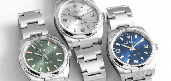 Rolex Oyster Perpetual Olive Green Dial, Silver Dial, and Blue Dial Stainless Steel Watches.