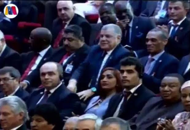 Foreign and Caricom Minister Dennis Moses, top right, in the audience at Venezuelan President Nicolas Maduro’s inauguration in Caracas. (Still from livestream on Maduro’s offical Twitter)