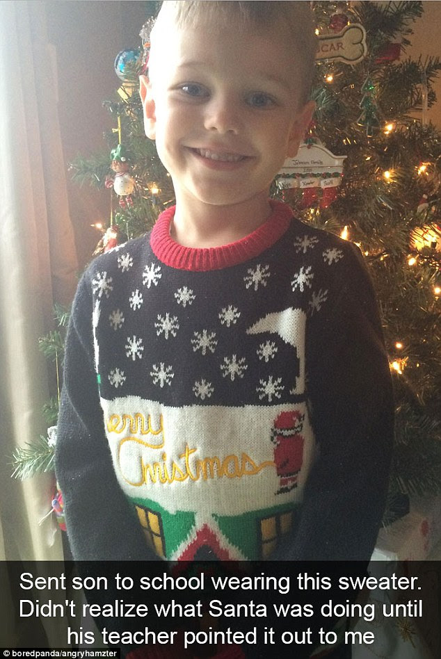 One mother shared her embarrassment after sending her son to school in what she thought was an innocent Christmas jumper - until his teacher pointed out that part of the pattern featured a urinating Santa
