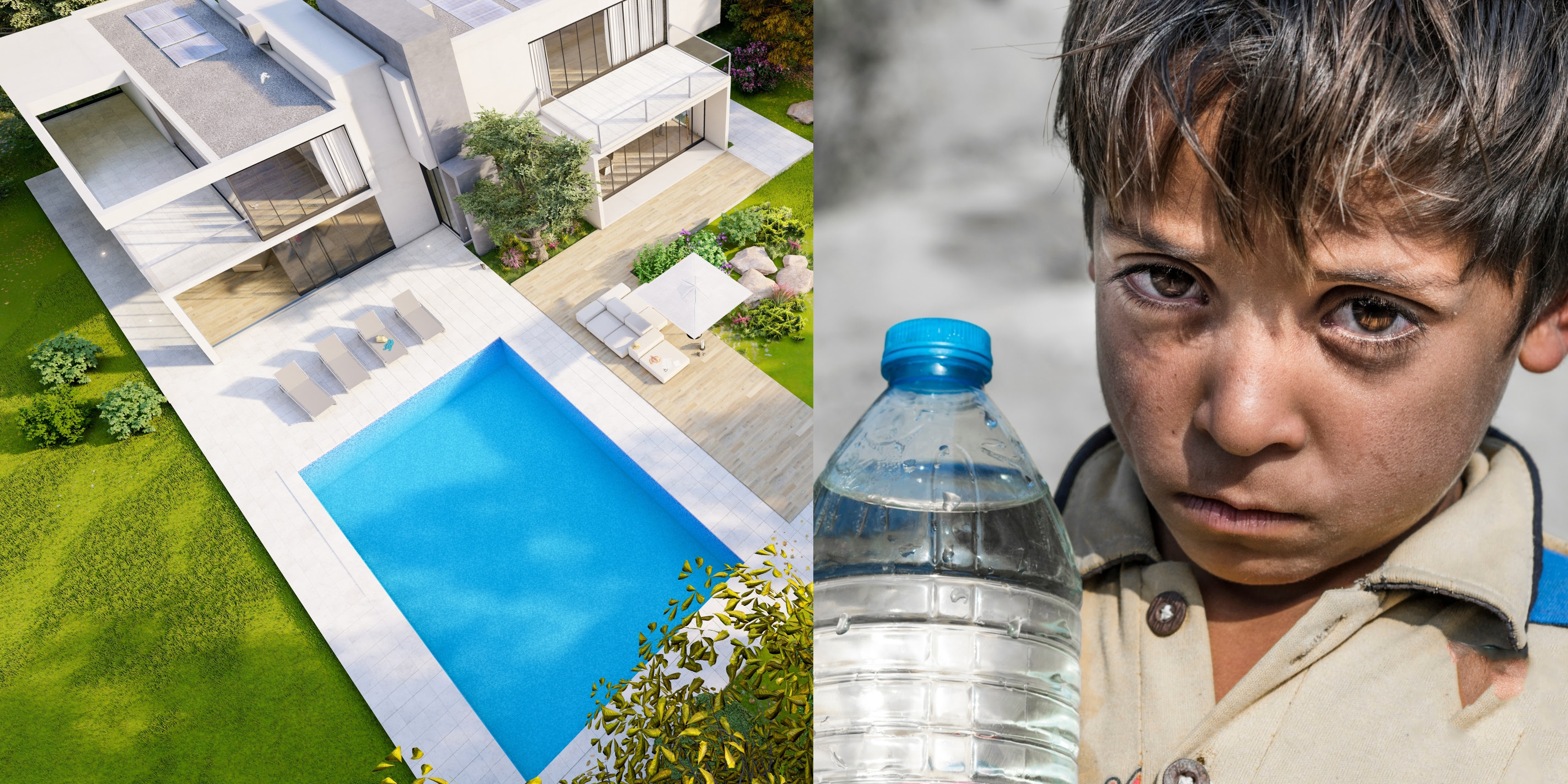 A photo of the lavish pool attached to an expensive home next to a sad child holding a water bottle