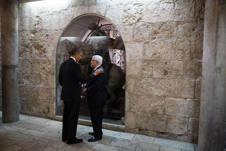 Mahmoud Abbas et Barack Obama à l&#039;Eglise de la Nativité à Bethléem, le 22 mars 2013.