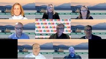 Screenshot of the video of eight people's cameras during a virtual meeting