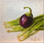 Eggplant and Green Onions. Oil on canvas 6x6 inches - Posted on Monday, April 6, 2015 by Nina R. Aide