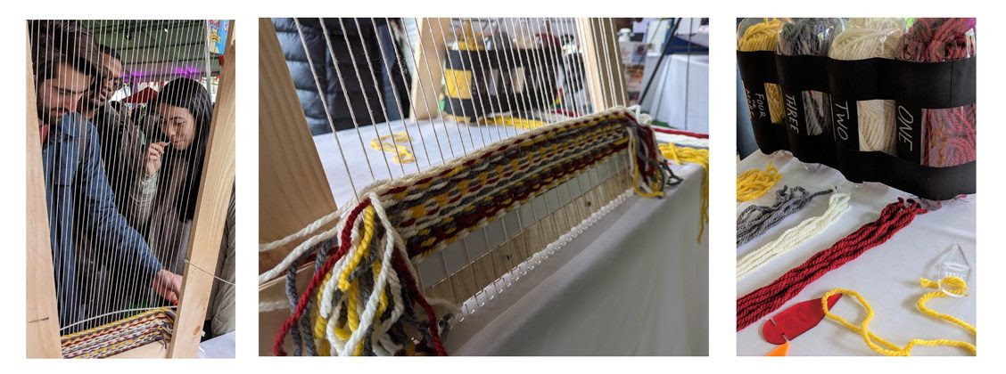 Loom with multicolored yarn and people weaving