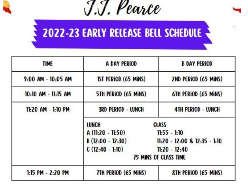 JJ Pearce PTA Early Release Schedule 202223