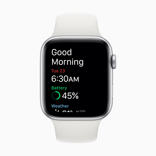 Apple Watch Series 5 螢幕中顯⽰的喚醒畫面。