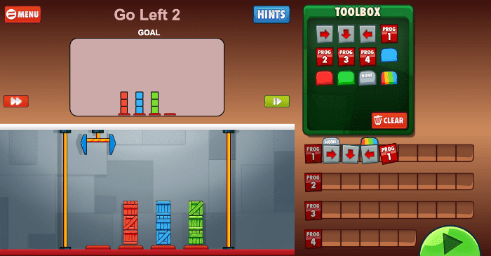 CargoBot Go Left 2 tutorial level with solution