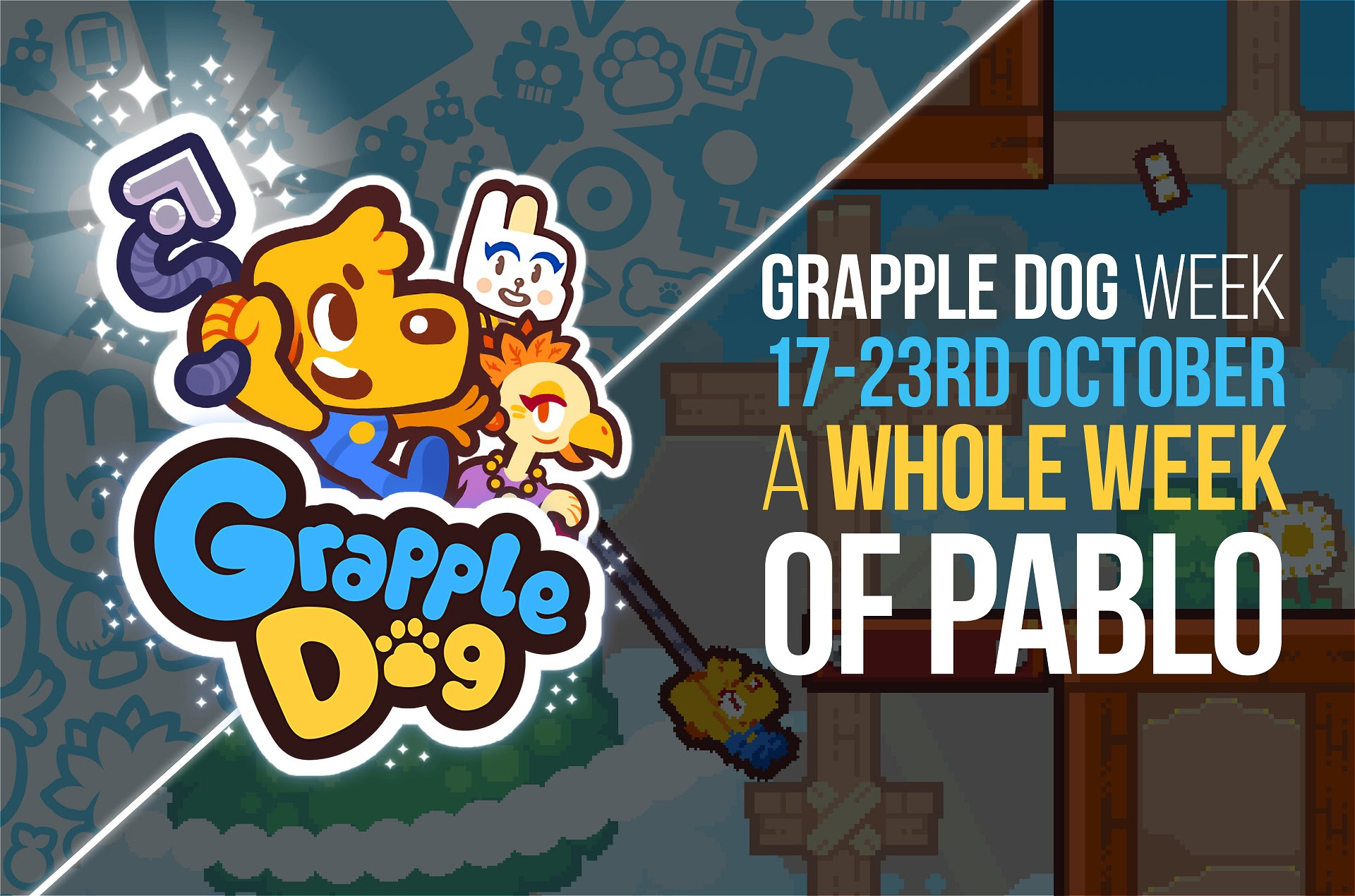 A main asset for Grapple Dog week. The image background has an in-game gameplay screenshot and some game-related print. Over that there's the Grapple Dog logo along with the text "Grapple Dog Week - 17-23rd October - A whole week of Pablo"