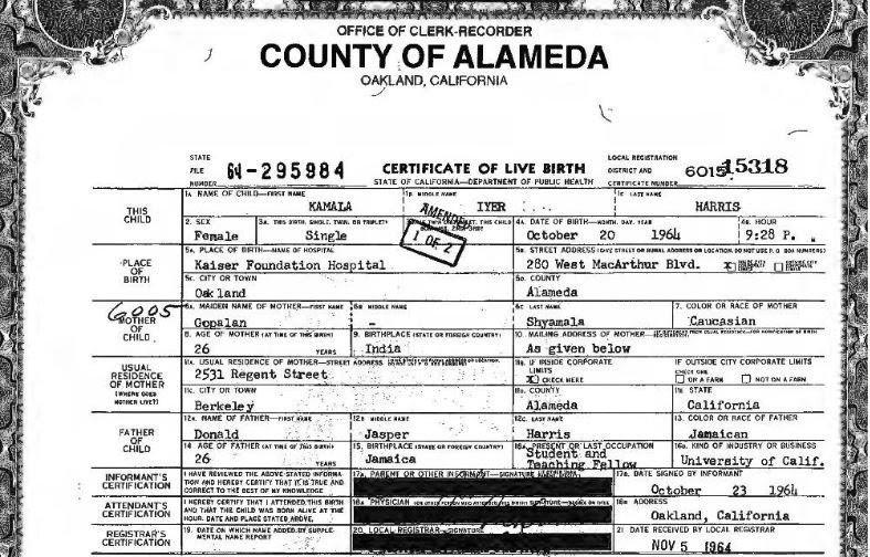 A picture of a portion of Kamala Harris's birth certificate