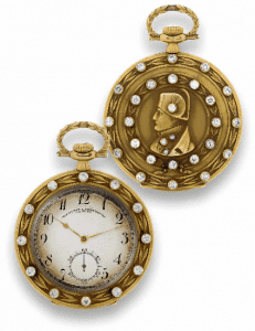 Diamond Jim’s gold pocket watch with a portrait of Napoleon produced circa 1910 in Geneva