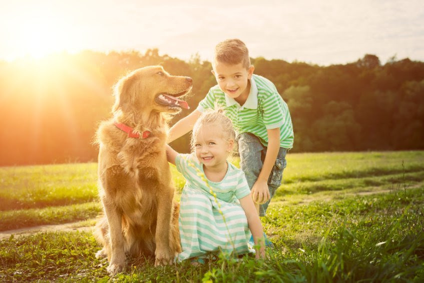 Two young children smiling and petting family dog in the sunshine - Healing Pets with Respiratory Infections Using Colloidal Silver