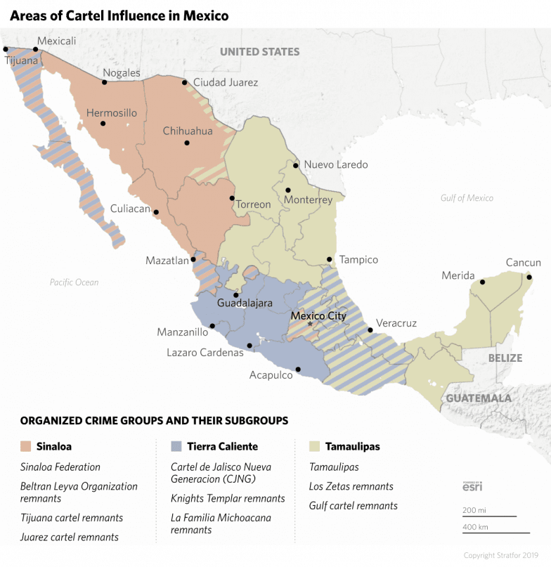 A map shows the areas of influence for the major cartel groups in Mexico.
