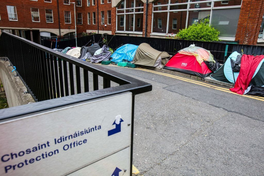 A photograph taken on June 12, 2023 shows a makeshift refugee and migrant camp outside the Irish government's International Protection Office, in Dublin city centre.