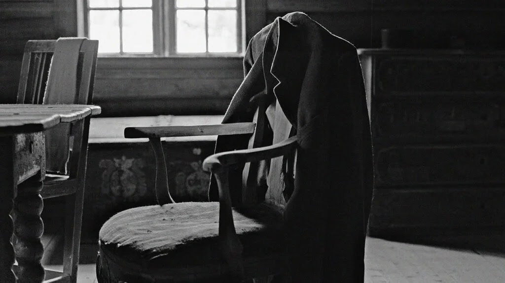 A room containing an empty wooden chair with a jacket hanging from the back.