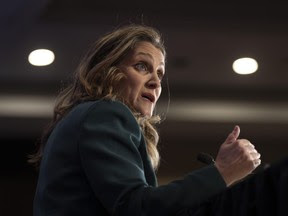 Deputy Prime Minister and Finance Minister Chrystia Freeland speaks during a news conference before delivering the federal budget, Tuesday, March 28, 2023 in Ottawa.