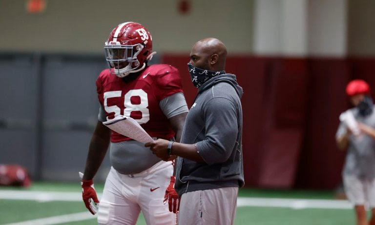 Christian Barmore with Freddie Roach (DL coach) at Alabama practice