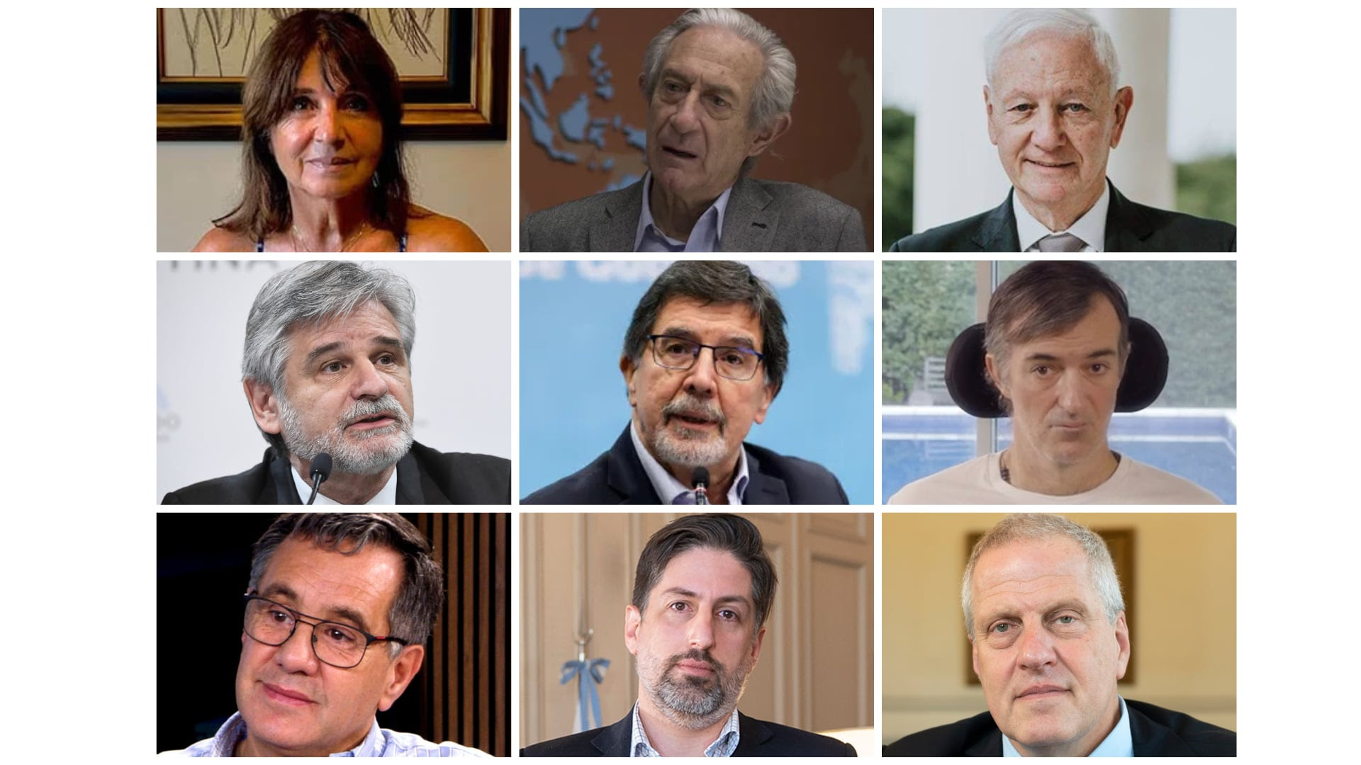 De izquierda a derecha y de arriba abajo: Susana Decibe, Juan José Llach, Hugo Juri, Daniel Filmus, Alberto Sileoni, Esteban Bullrich, Alejandro Finocchiaro, Nicolás Trotta, Jaime Perczyk.