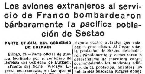 Recorte de un periódico de la época en el que se recoge la noticia del bombardeo franquista sobre Sestao.