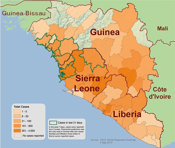 Distribution map showing areas in West Africa reporting suspect cases of Ebola