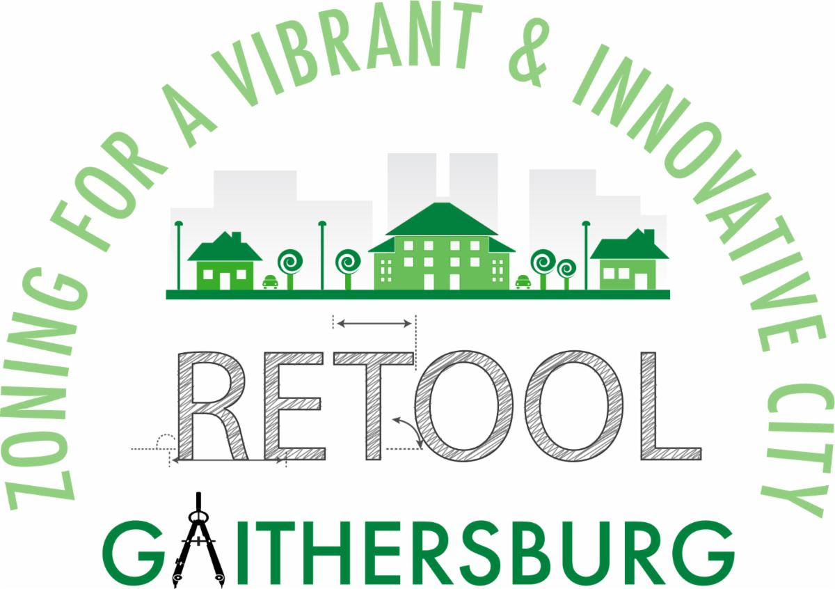 Logo with illustrations of homes and text that says Retool Gaithersburg Zoning for a Vibrant and Innovative City