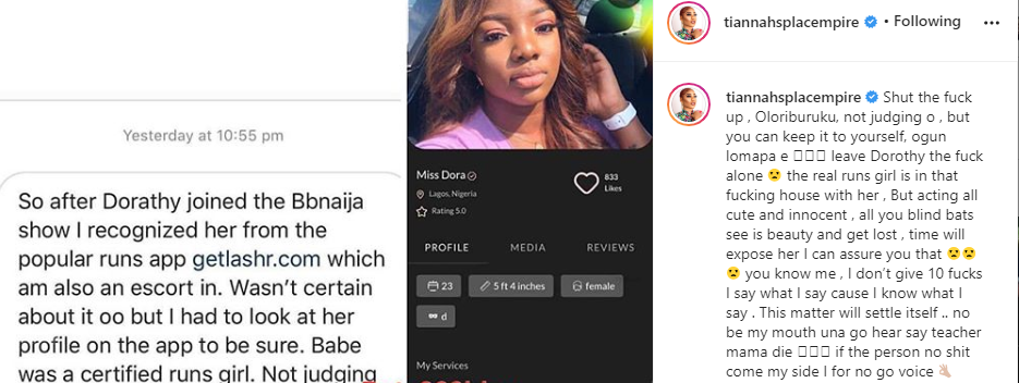 The real runs girl is in the house with Dorathy - Toyin Lawani reacts to photo of BBNaija housemate allegedly found on escort service website