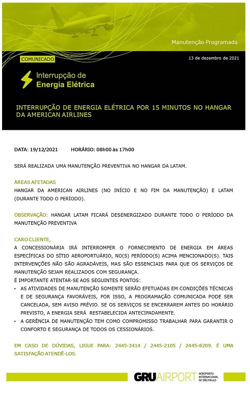 Comunicado GRU AIRPORT - Interrupção de Energia El