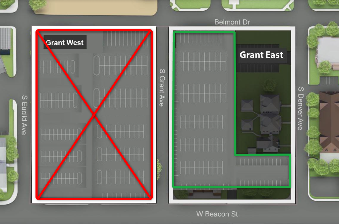 Map showing Grant West being closed and Grant East being available for parking