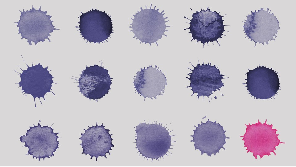 a series of blue coronavirus splotches, the last of which is pink